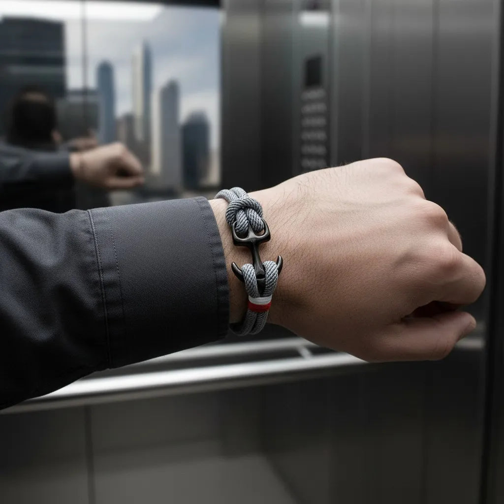 Close no pulso masculino usando pulseira de corda cinza com âncora preta e detalhe em vermelho e branco, em ambiente de elevador.