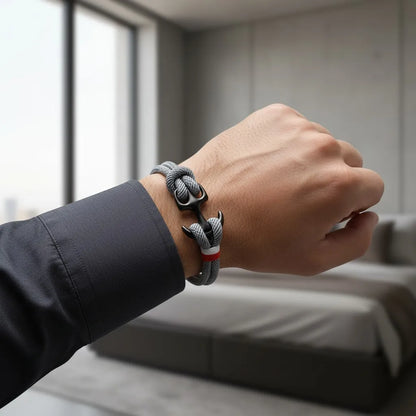 Pulseira de corda cinza com âncora preta e detalhe em vermelho e branco no pulso masculino, com quarto desfocado ao fundo.