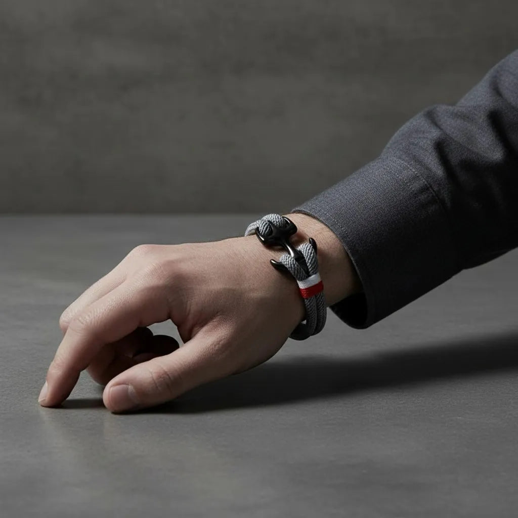 Pulso masculino apoiado sobre mesa cinza usando pulseira de corda cinza com âncora preta e detalhe em vermelho e branco.