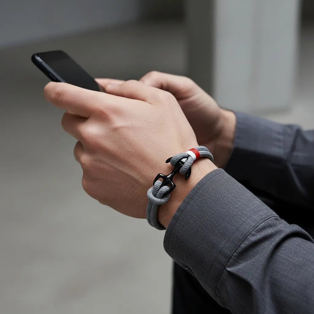 Homem usando celular com pulseira de corda cinza com âncora preta e detalhe em vermelho e branco em destaque no pulso.