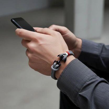 Homem usando celular com pulseira de corda cinza com âncora preta e detalhe em vermelho e branco em destaque no pulso.