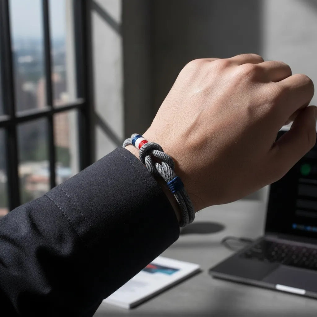 Pulseira de corda cinza com nó central e detalhes tricolores em vermelho, branco e azul, usada no pulso em ambiente interno com notebook e janela ao fundo.