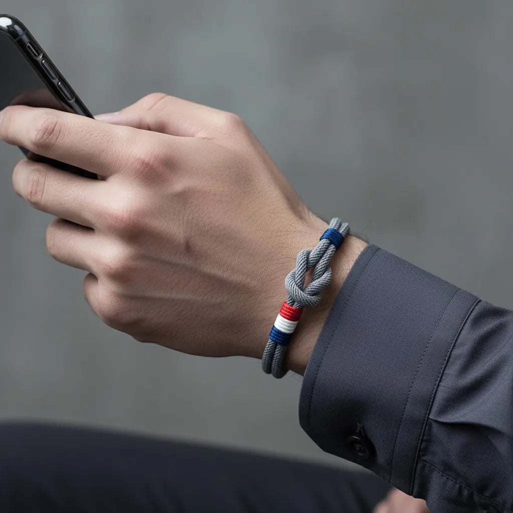 Close do pulso com pulseira de corda cinza, com nó central e detalhes tricolores em vermelho, branco e azul, enquanto a pessoa segura um celular.