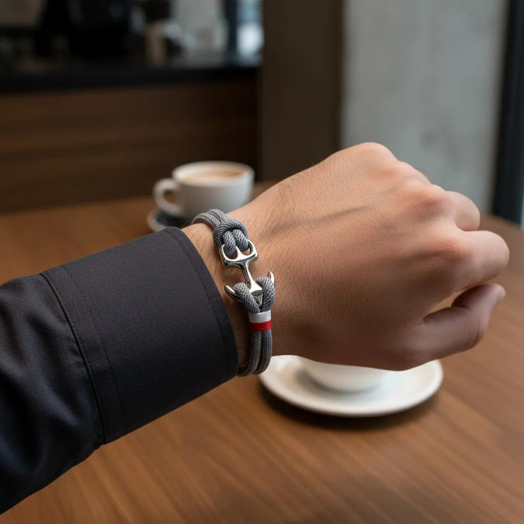 Pulso masculino com pulseira de corda cinza e detalhe metálico prateado sobre mesa de madeira, com xícara de café ao fundo.