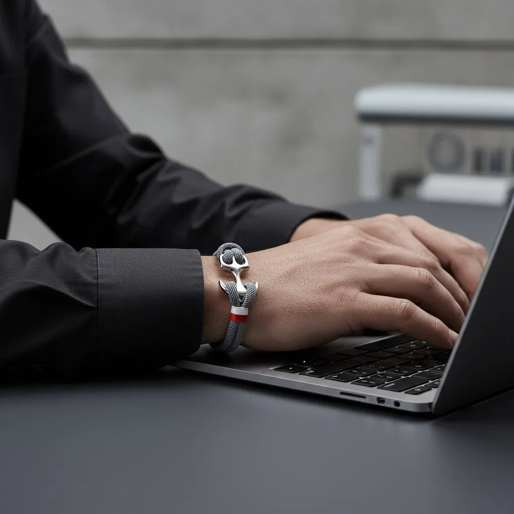 Homem digitando no notebook com pulseira de corda cinza e detalhe metálico prateado em destaque no pulso.