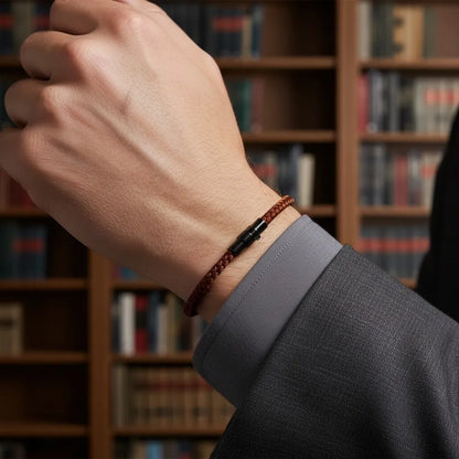 Close da pulseira masculina de corda marrom com fecho preto no pulso, em ambiente com estante de livros.