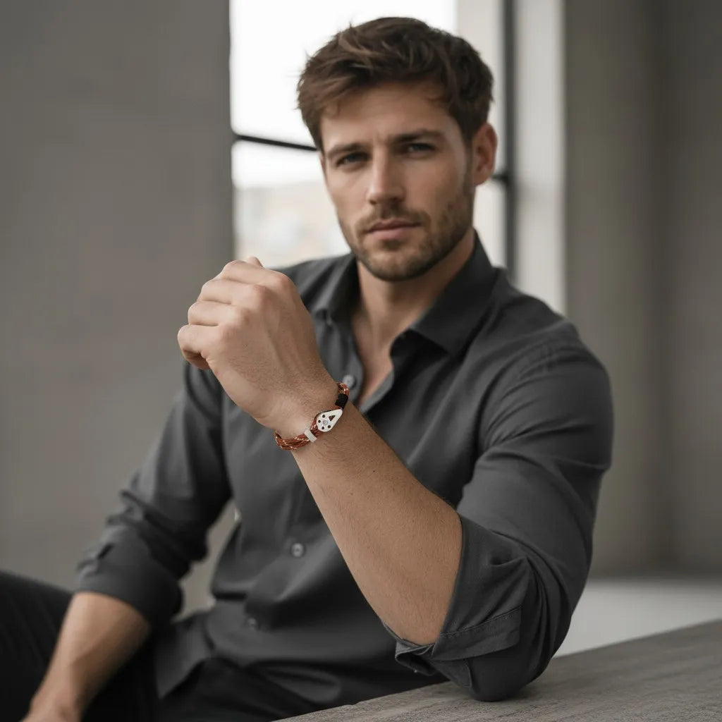 Homem com camisa social escura usando pulseira masculina de corda marrom com detalhe metálico prateado.