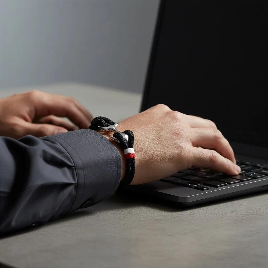Pulseira de corda preta com âncora em aço no pulso enquanto a pessoa digita em um notebook.