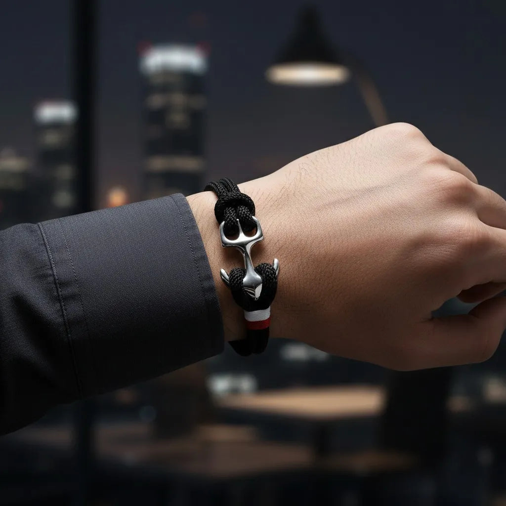 Pulseira de corda preta com âncora em aço no pulso, com ambiente interno noturno e luzes ao fundo.