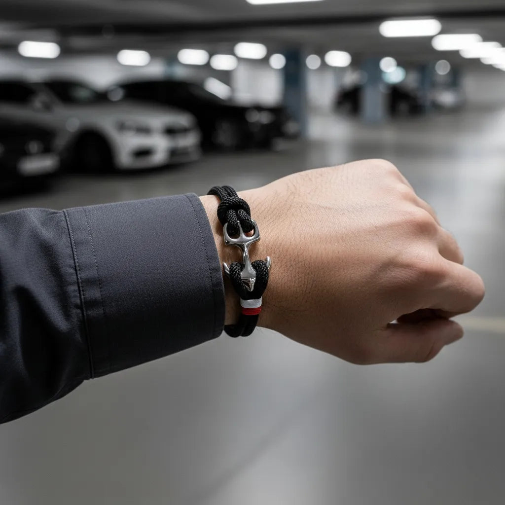 Pulseira de corda preta com âncora em aço exibida no pulso em ambiente de estacionamento.