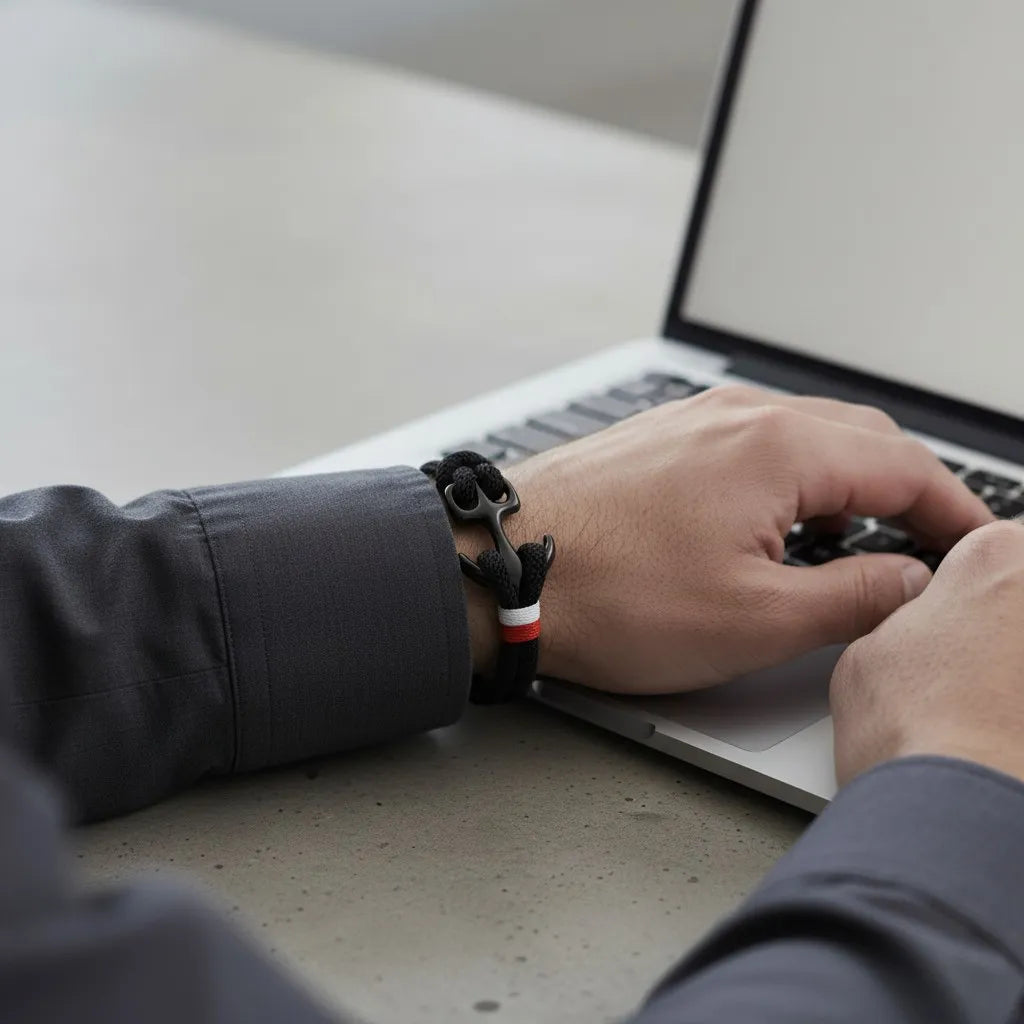 Pulso masculino com pulseira de corda preta e detalhe metálico escuro em destaque, enquanto digita no notebook.