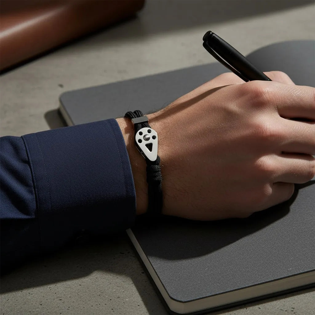 Pulseira de corda preta masculina com peça central prateada, usada no pulso enquanto o homem escreve em um caderno.