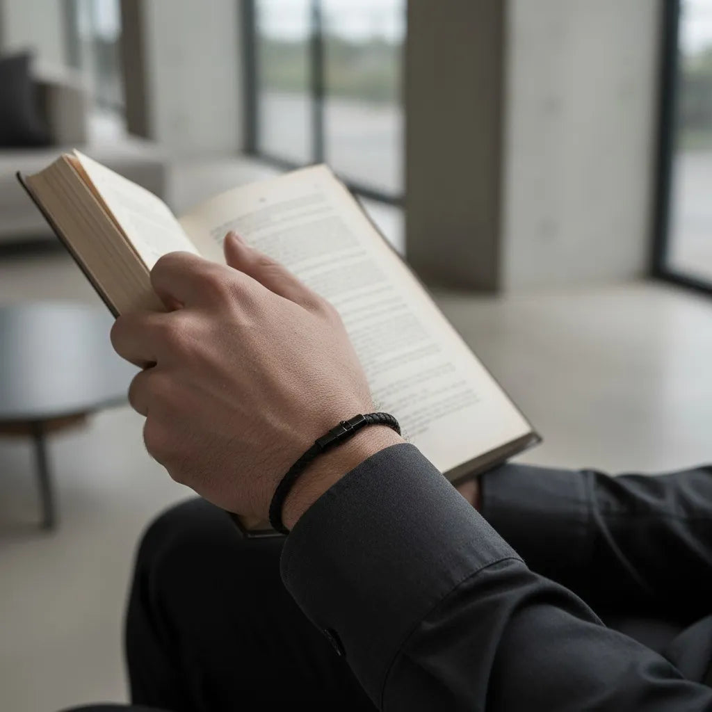 Homem lendo um livro enquanto usa pulseira masculina de corda preta com fecho metálico minimalista.