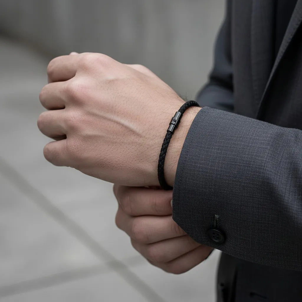 Pulseira masculina de corda preta trançada com fecho metálico, combinada com traje social masculino.
