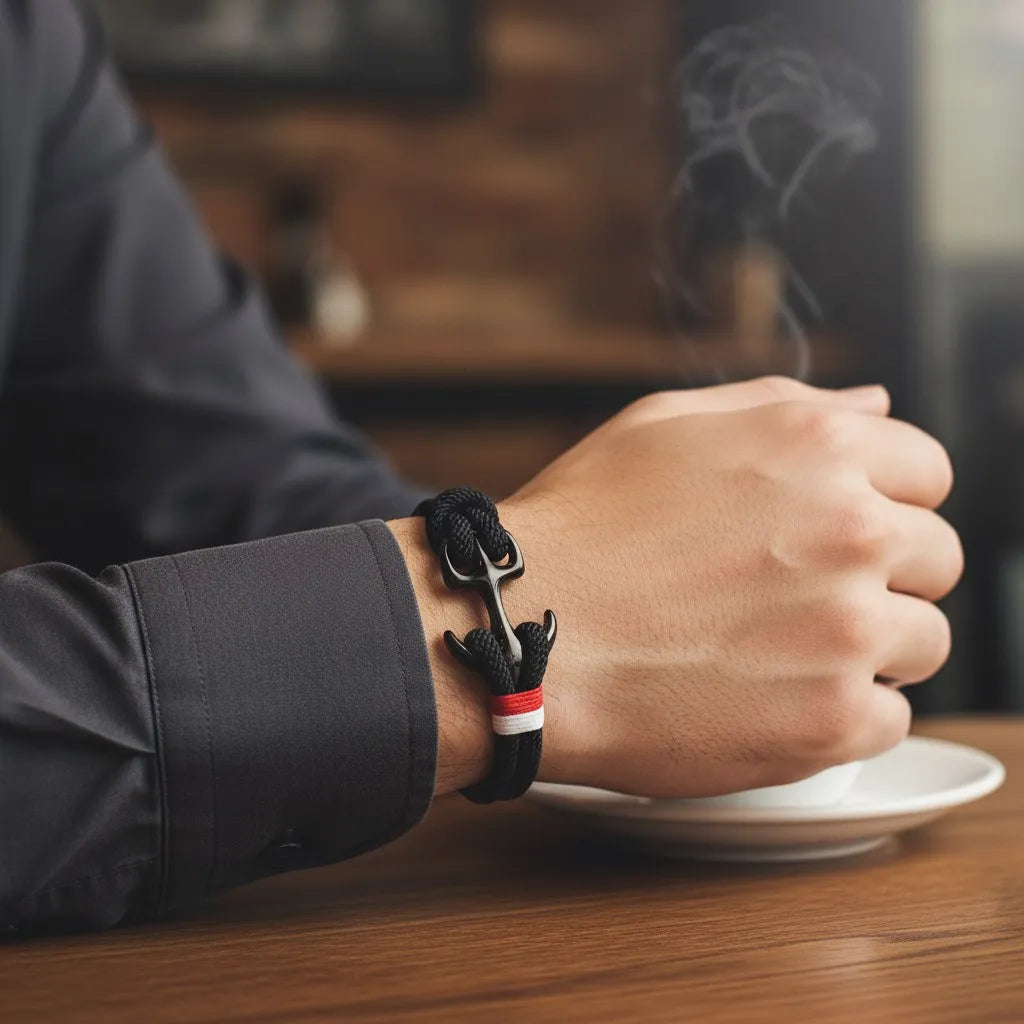 Pulso masculino com pulseira de corda preta apoiado sobre mesa de madeira, ao lado de xícara de café.