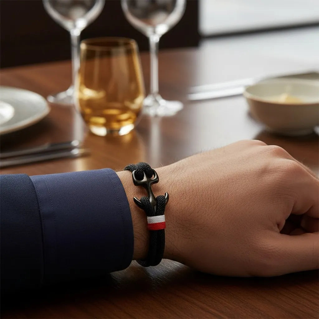 Pulso masculino apoiado sobre mesa de jantar usando pulseira de corda preta com detalhe metálico escuro e faixa branca e vermelha.