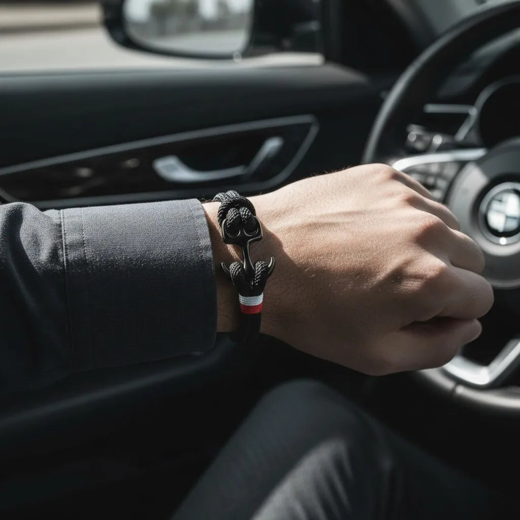 Pulso masculino usando pulseira de corda preta com detalhe metálico escuro, fotografado dentro de um carro.