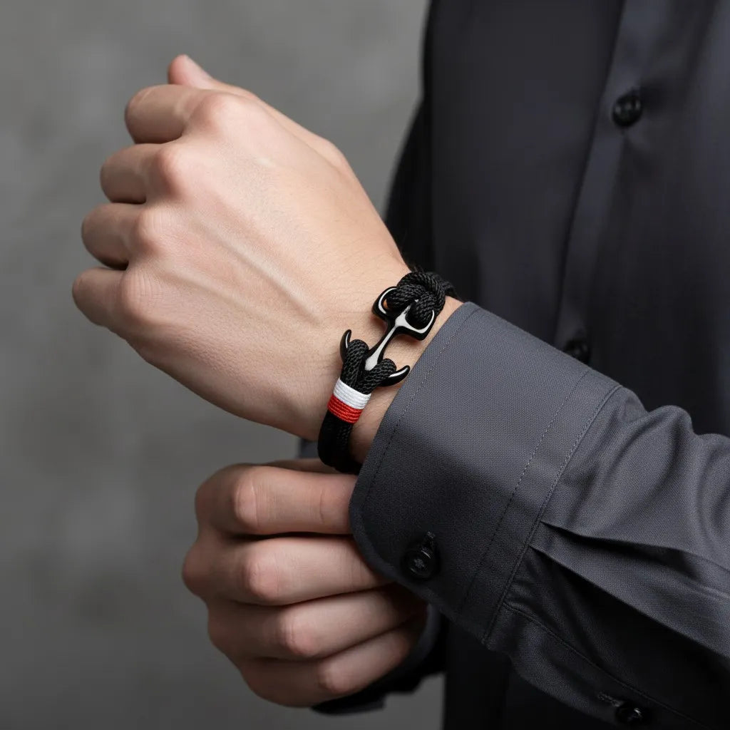 Close no pulso masculino com camisa social e pulseira de corda preta com detalhe metálico escuro e faixa branca e vermelha.