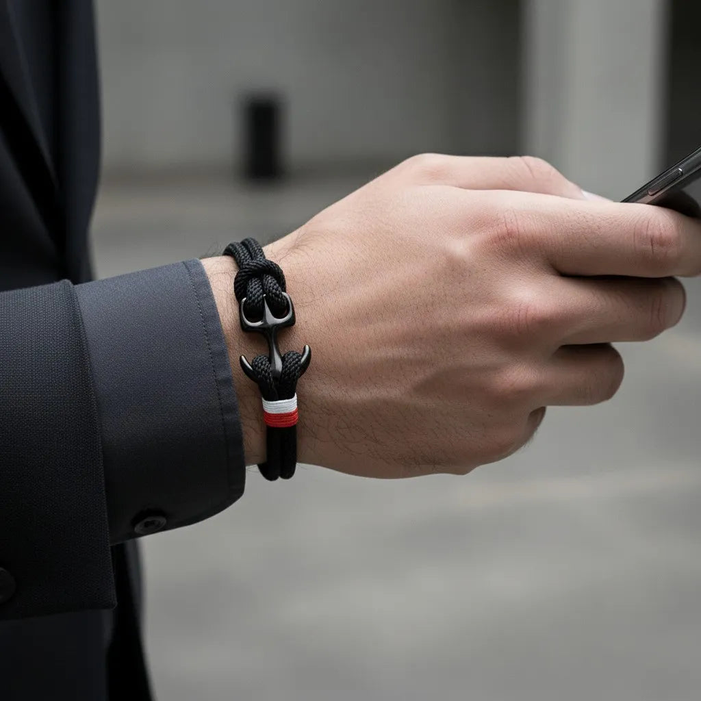 Close no pulso masculino usando pulseira de corda preta com detalhe metálico escuro e faixa branca e vermelha, enquanto segura um celular.