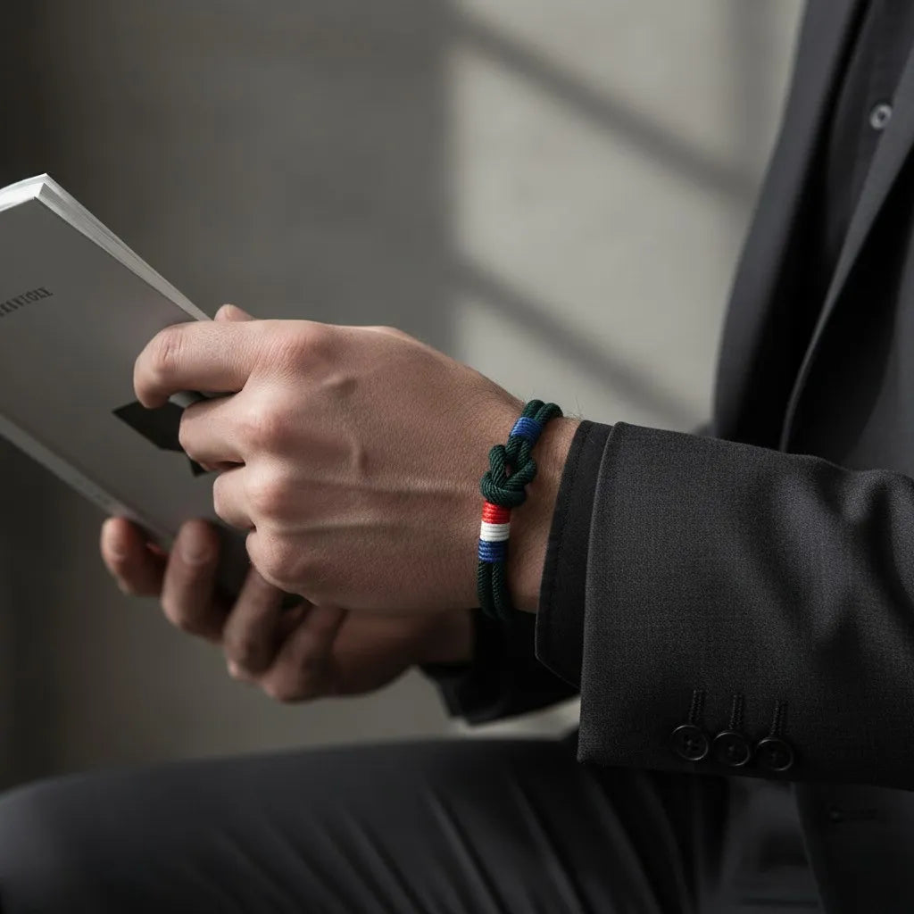 Pulseira de corda em tom verde escuro com nó central e detalhes tricolores em vermelho, branco e azul, usada no pulso enquanto a pessoa segura um livro em ambiente interno.