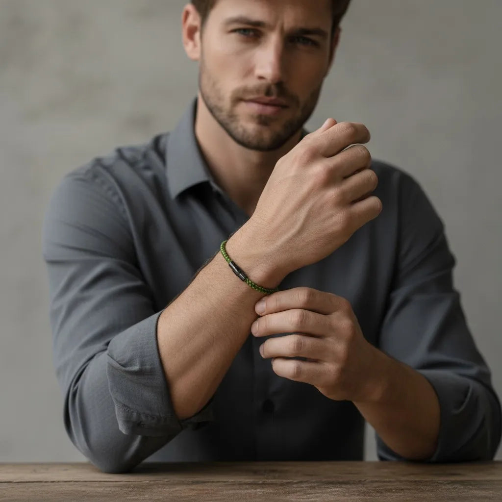 Homem com camisa cinza usando pulseira masculina de corda verde com design fino e minimalista.