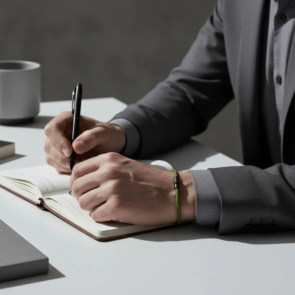 Pulseira masculina de corda verde com fecho preto no pulso de homem escrevendo em um caderno no escritório.