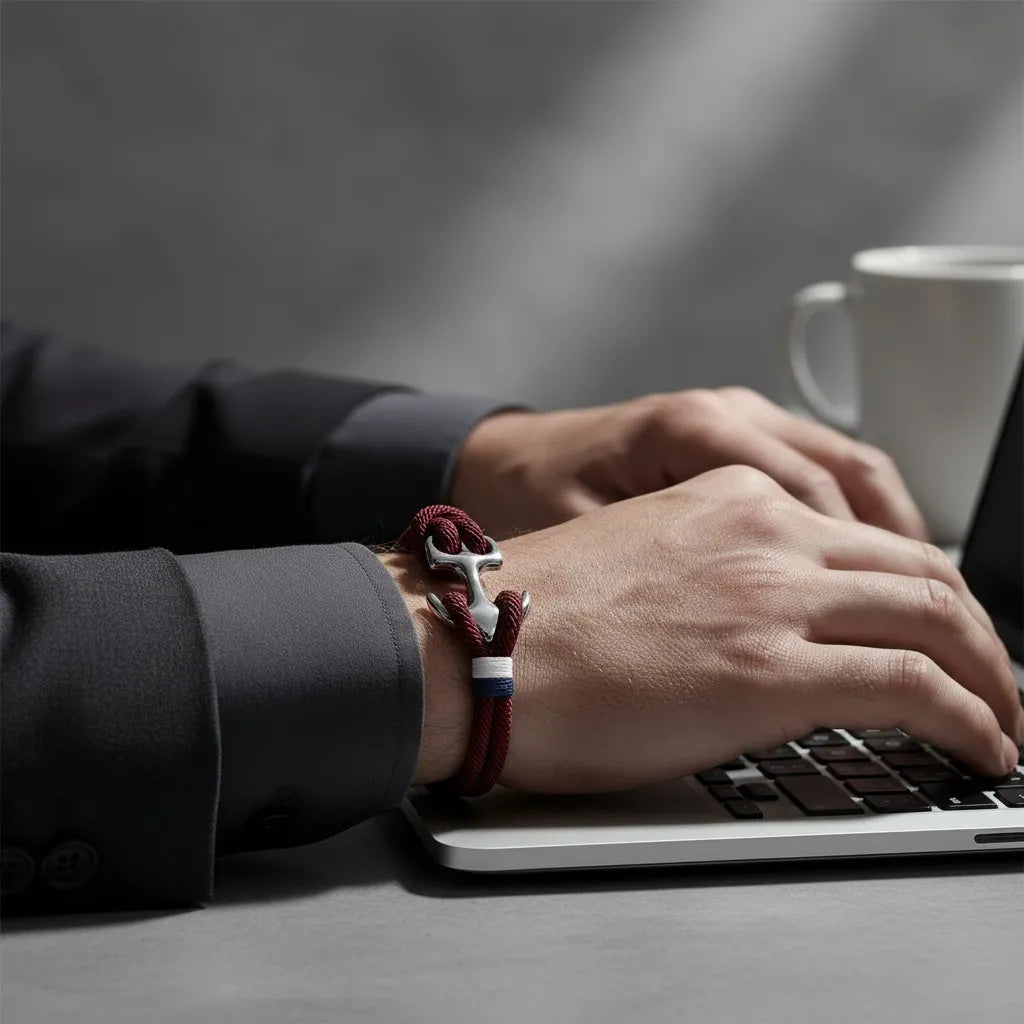 Homem digitando no notebook com pulseira de corda vinho, detalhe metálico prateado e faixa branca e azul no pulso.
