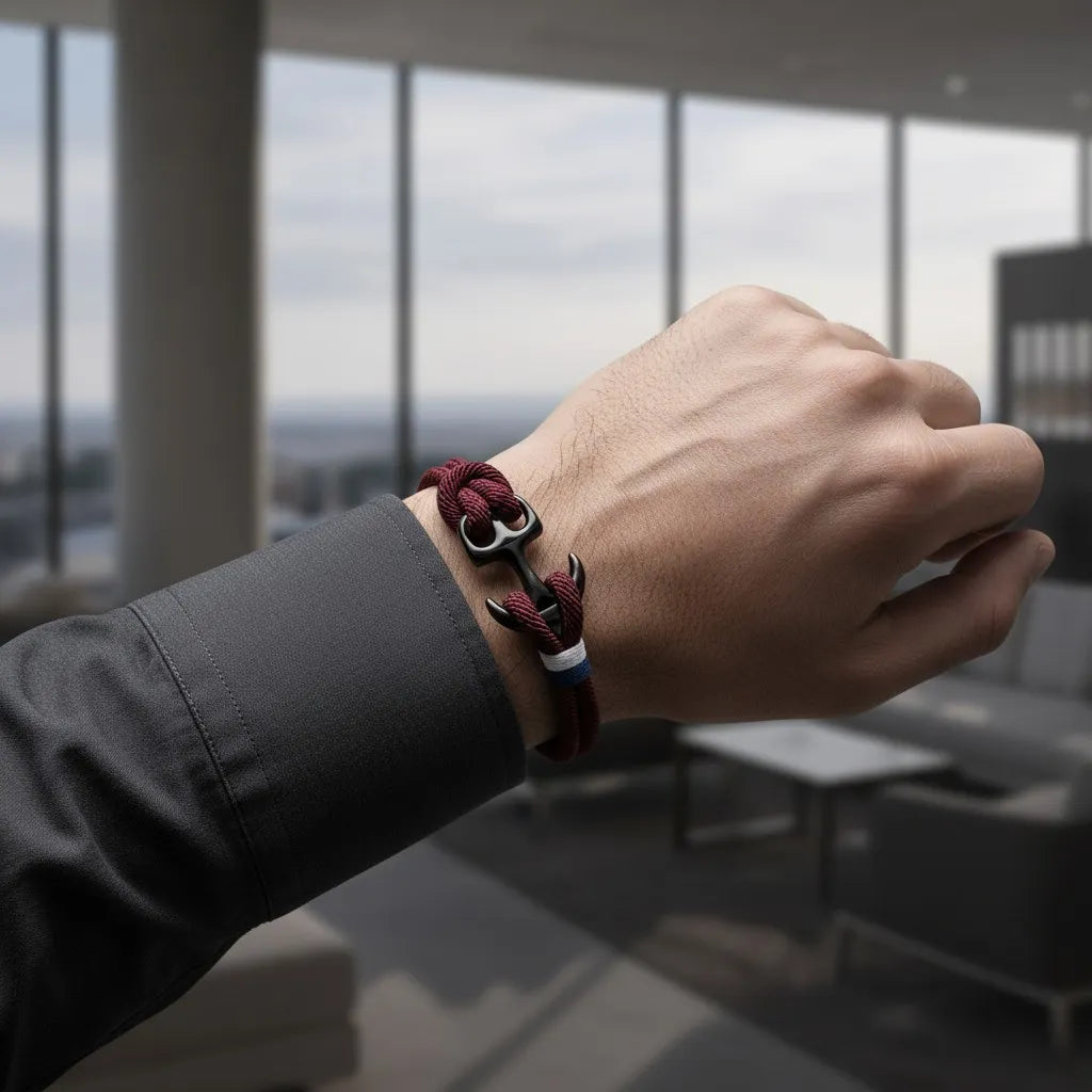 Pulseira de corda vinho masculina com âncora preta, exibida no pulso em um ambiente moderno de escritório.