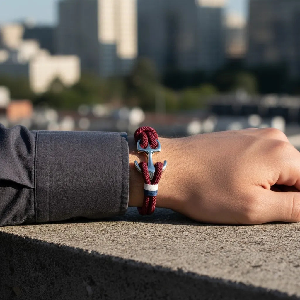 Close no pulso masculino com pulseira de corda vinho e detalhe metálico prateado, apoiado em superfície de concreto com cidade ao fundo.