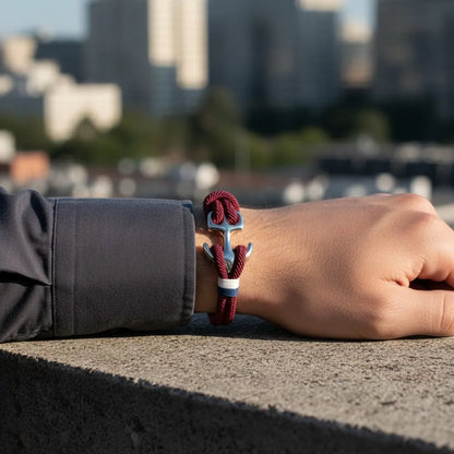 Close no pulso masculino com pulseira de corda vinho e detalhe metálico prateado, apoiado em superfície de concreto com cidade ao fundo.