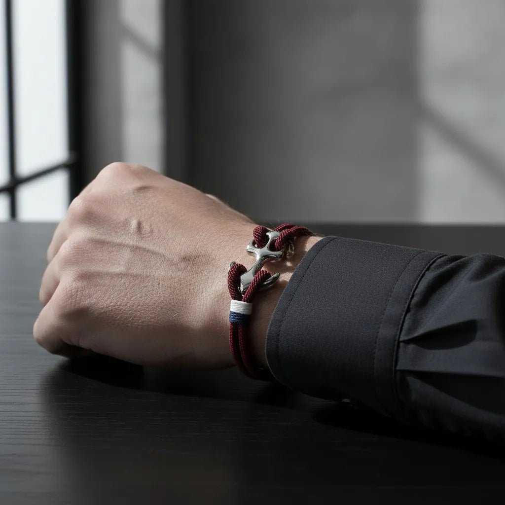Close no pulso masculino usando pulseira de corda vinho com detalhe metálico prateado e faixa branca e azul, apoiado sobre mesa preta.