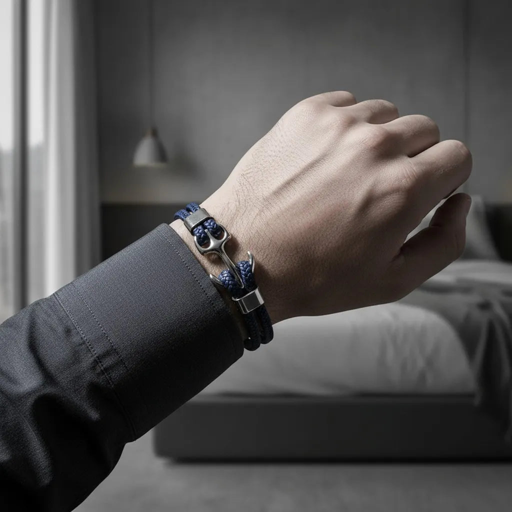 Homem usando pulseira de couro azul com âncora em metal prateado, combinada com camisa social escura em ambiente interno elegante.
