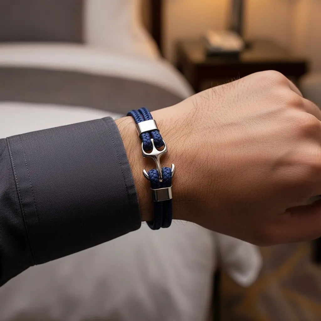 Pulseira de couro azul com âncora em metal prateado no pulso masculino, em ambiente interno com cama ao fundo.