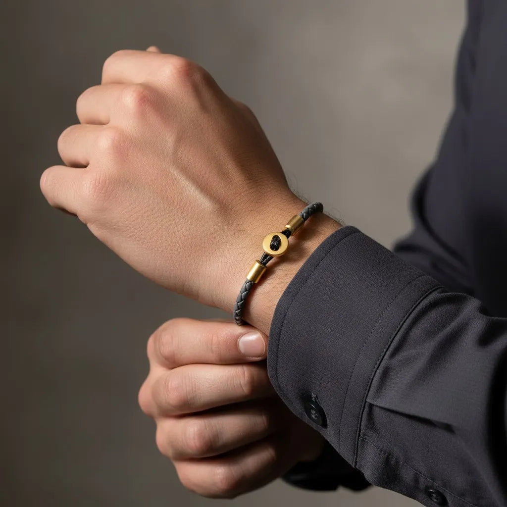 Pulseira de couro cinza com detalhes dourados usada no pulso enquanto a outra mão ajusta a manga da camisa.