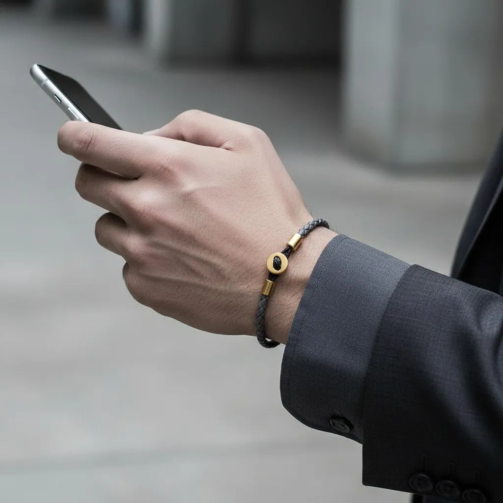 Pulseira de couro cinza com detalhes dourados no pulso enquanto a pessoa segura um celular em ambiente externo.
