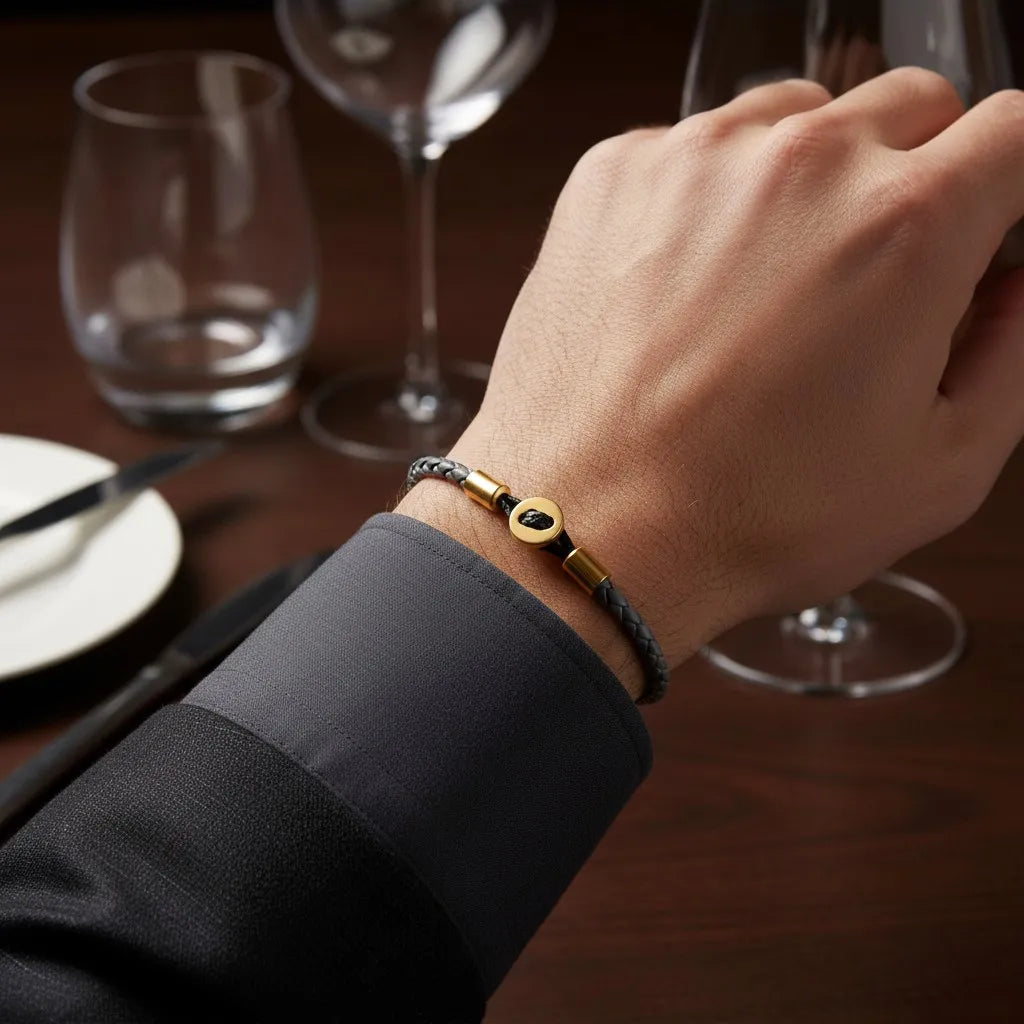 Close do pulso usando pulseira de couro cinza com detalhes dourados, sobre mesa de jantar com taças ao fundo.
