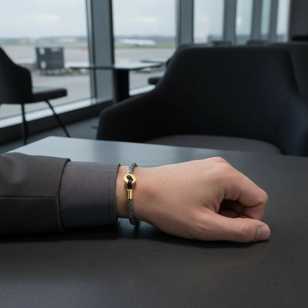 Pulseira de couro cinza com detalhes dourados usada no pulso, apoiado sobre uma mesa em ambiente de aeroporto.