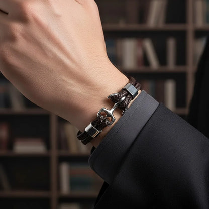 Close detalhado da pulseira de couro marrom com âncora em metal prateado no pulso, com estante desfocada ao fundo.
