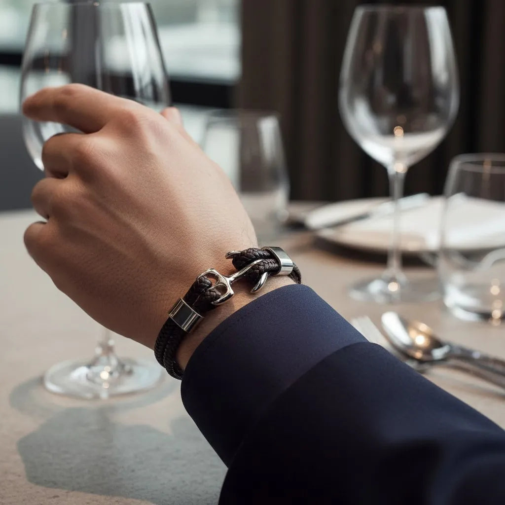 Close da pulseira de couro marrom com âncora em metal prateado no pulso, em uma mesa posta com taças e pratos.