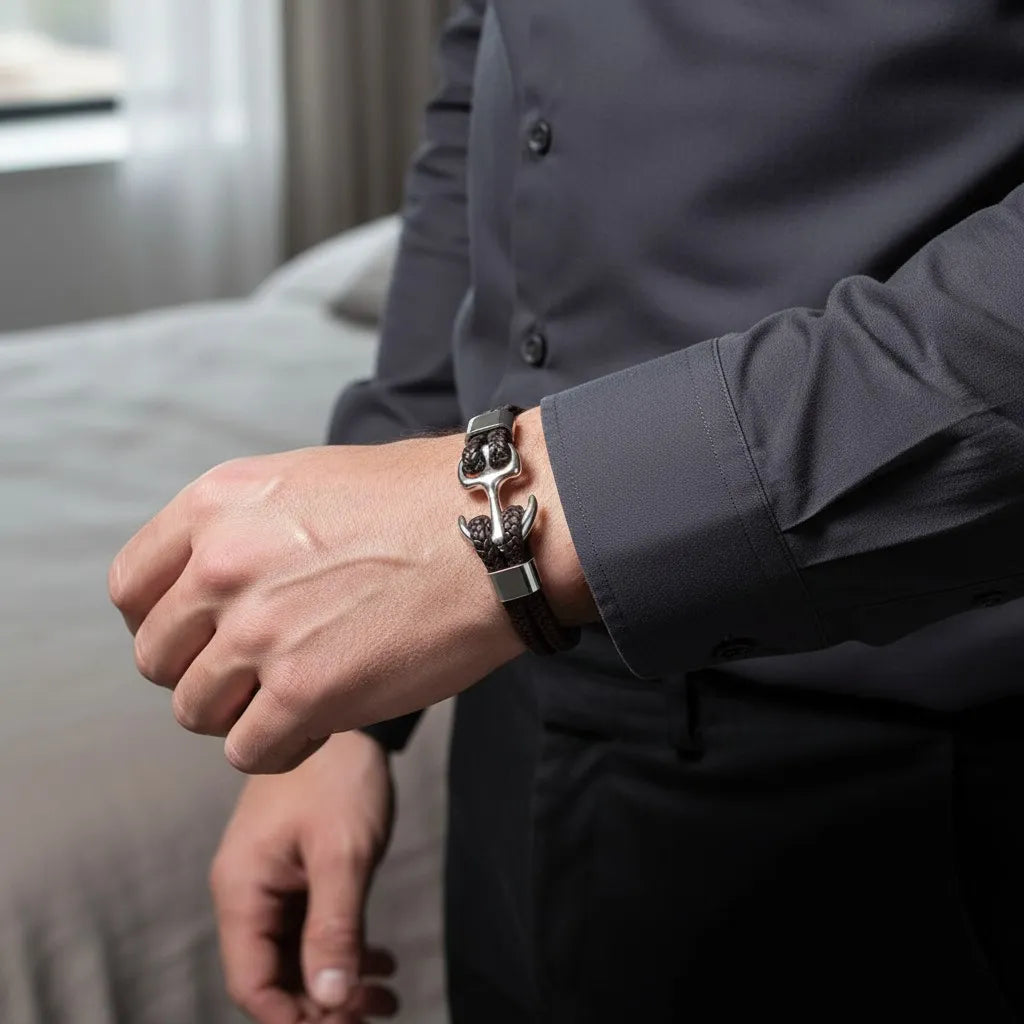 Homem usando pulseira de couro marrom com âncora em metal prateado, combinada com camisa social escura em ambiente interno elegante.