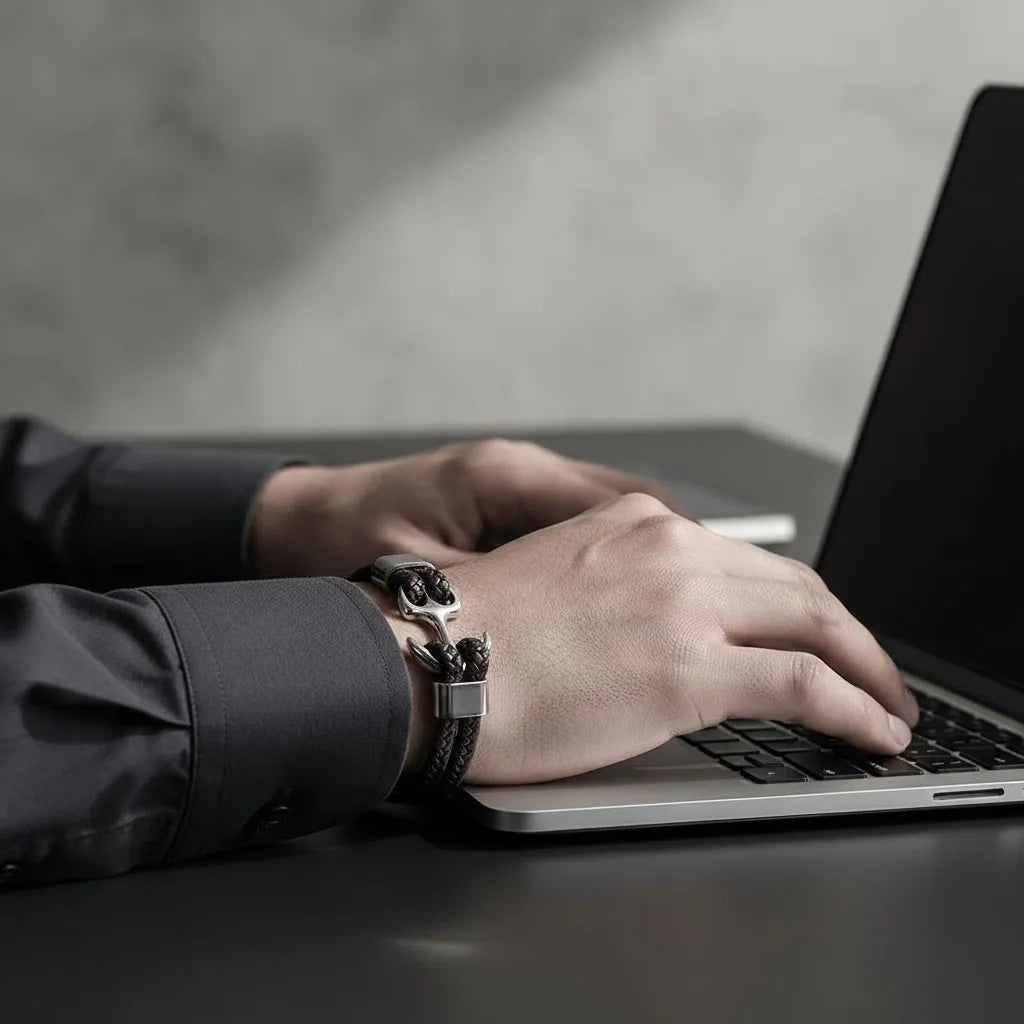 Pulseira de couro marrom com âncora em metal prateado no pulso masculino enquanto usa um notebook sobre mesa escura.