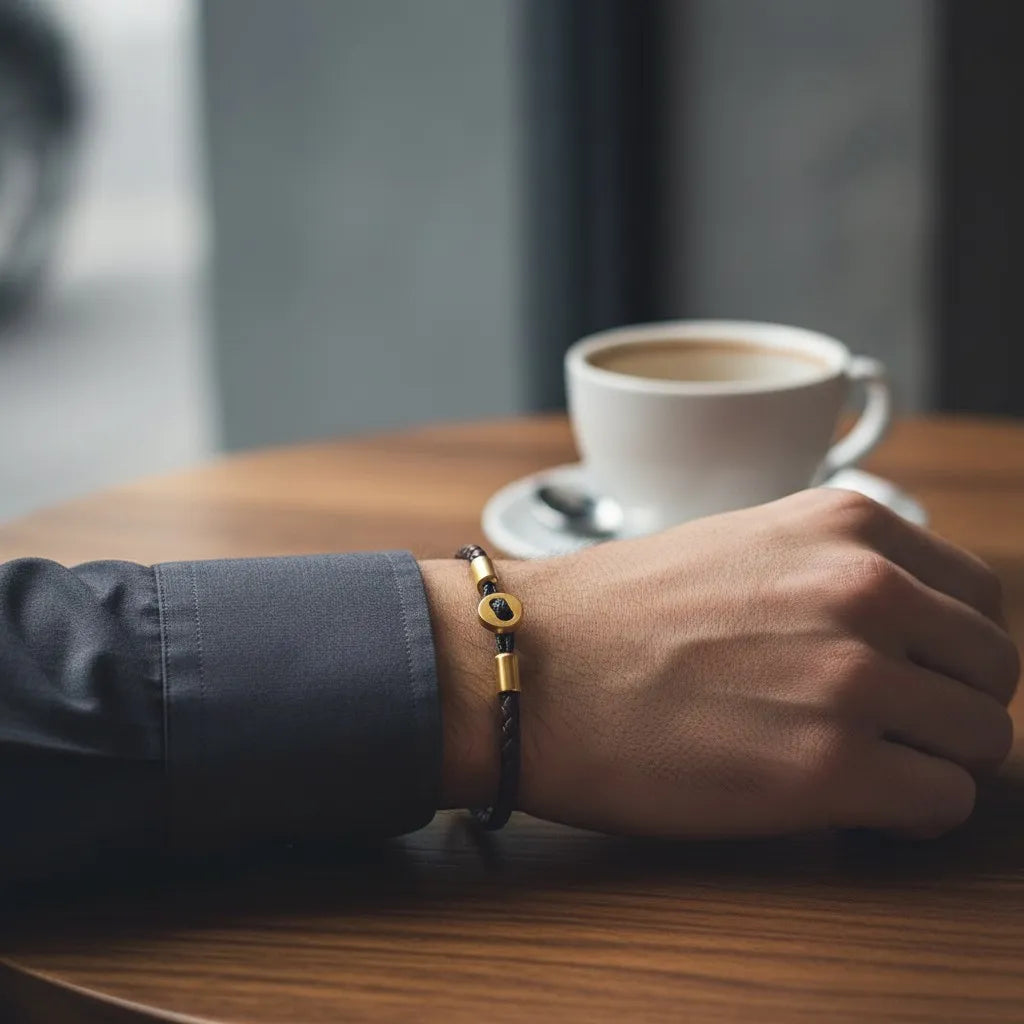 Pulseira de couro marrom com detalhes dourados usada no pulso, em mesa redonda de madeira com xícara de café ao fundo.