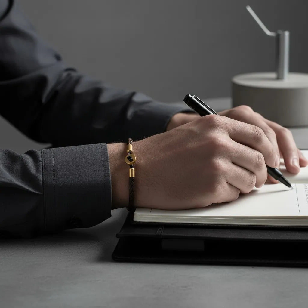 Pulseira de couro marrom com detalhes dourados no pulso enquanto a pessoa escreve em um caderno sobre a mesa.