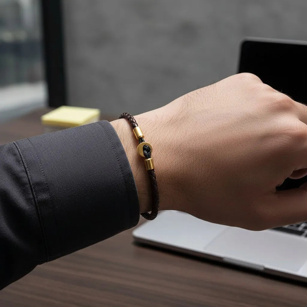 Close do pulso usando pulseira de couro marrom com detalhes dourados, com notebook ao fundo em ambiente de escritório.