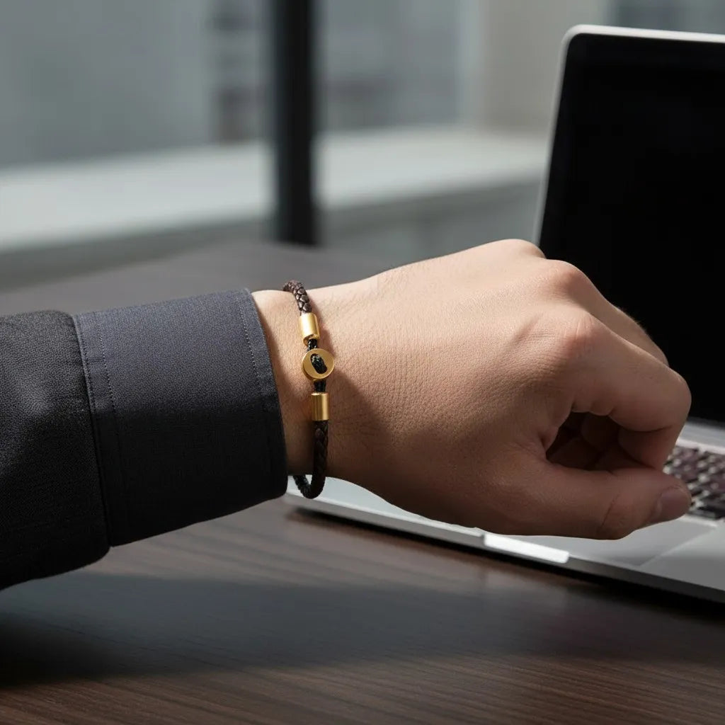 Close do pulso usando pulseira de couro marrom com detalhes dourados ao lado de um notebook em ambiente moderno.