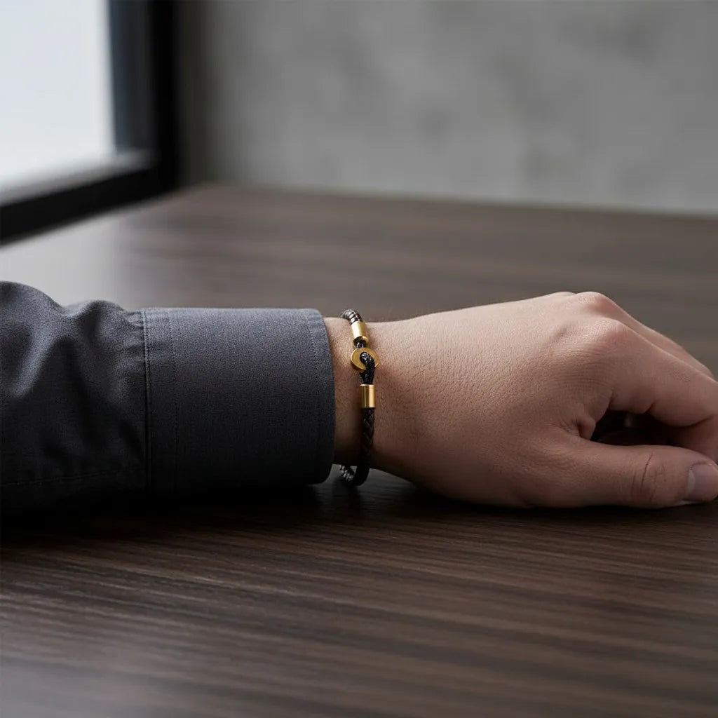 Pulseira de couro marrom com detalhes dourados usada no pulso, com o braço apoiado sobre uma mesa de madeira escura.