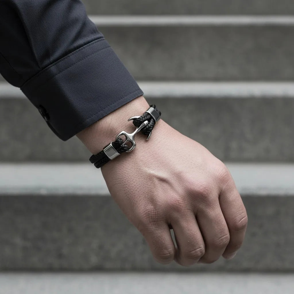 Pulseira de couro preta com âncora em metal prateado no pulso masculino, fotografada diante de uma escada cinza.