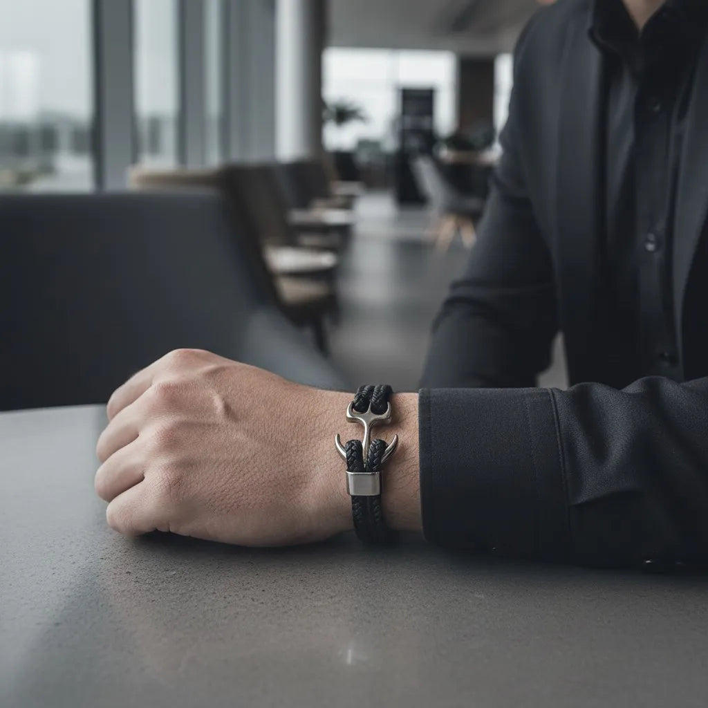 Pulseira de couro preta com âncora em metal prateado no pulso masculino apoiado sobre uma mesa em ambiente corporativo.