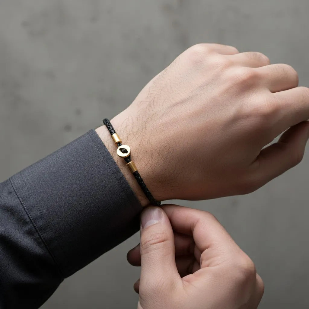 Pulseira de couro preta com detalhes dourados sendo ajustada no pulso, com destaque para o design fino e minimalista.