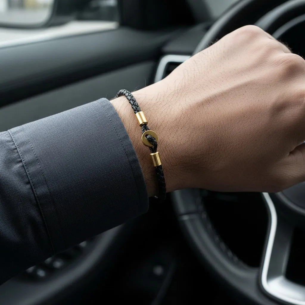Close do pulso usando pulseira de couro preta com detalhes dourados dentro de um carro, com o volante ao fundo.